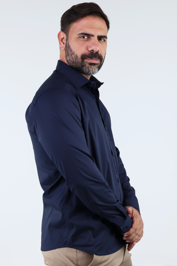 Camisa de Vestir Moda Manga Larga Slim Fit Azul Marino Para Hombre